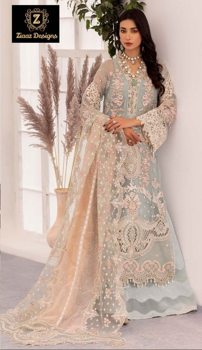 Ziaaz Designs Code 684 Georgette Embroidered Moti Work Semi Stitched Pakistani Outfit