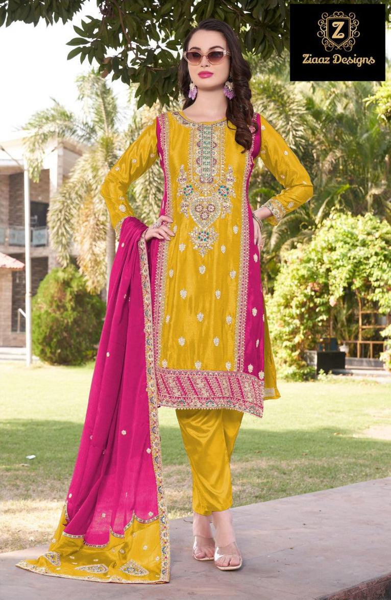 Ziaaz Designs Code 490 B Chinon Semi Stitched Outfit With Beautiful Coding Embroidery Worked Pakistani Suits