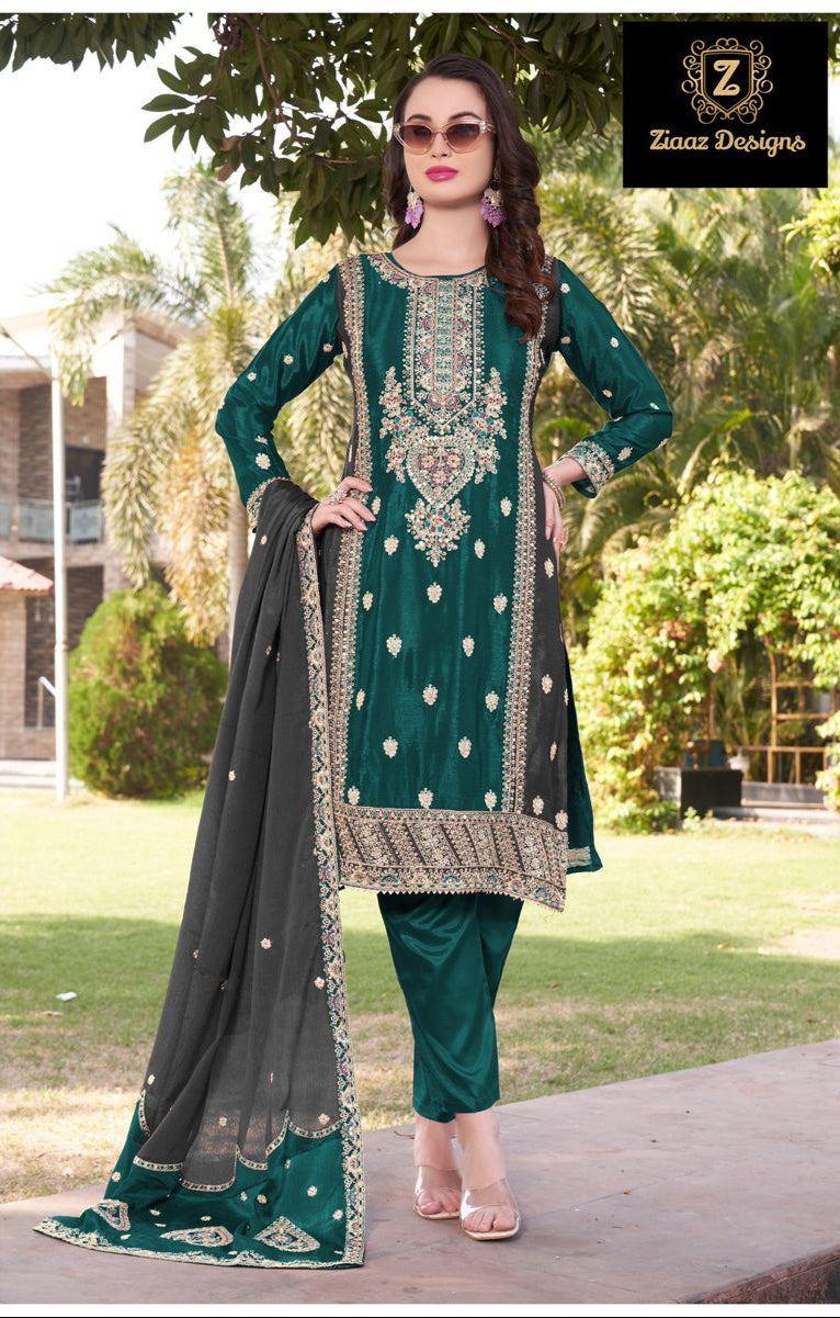 Ziaaz Designs Code 490 Chinon Semi Stitched Outfit With Beautiful Coding Embroidery Worked Pakistani Suits