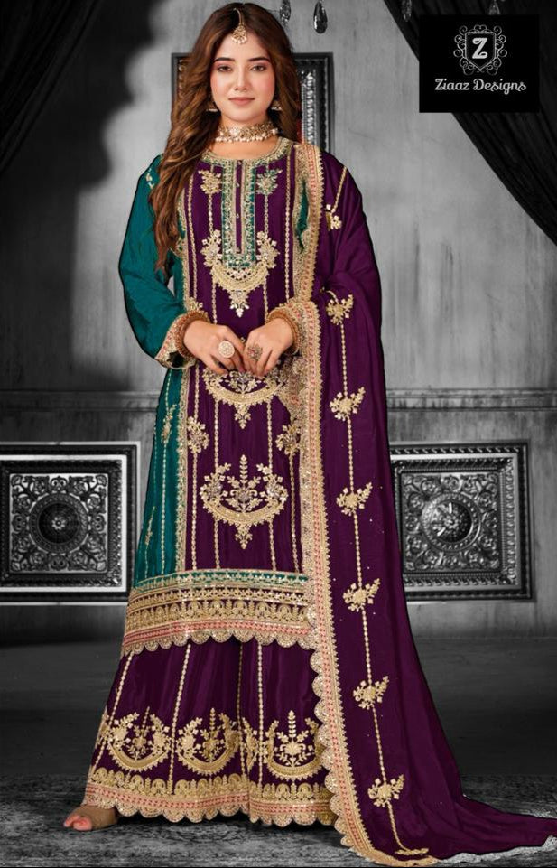 Ziaaz Designs Code 472 C Chinon Semi Stitched Very Heavy Embroidery Sequins Work Pakistani Kameez