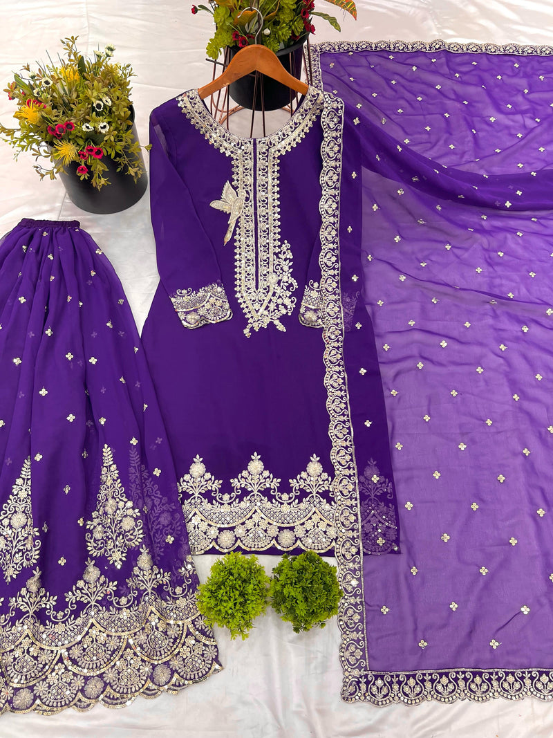 Nsr 837 Purple Faux Georgette With Heavy Embroidery Sequence Work Pakistani Suits