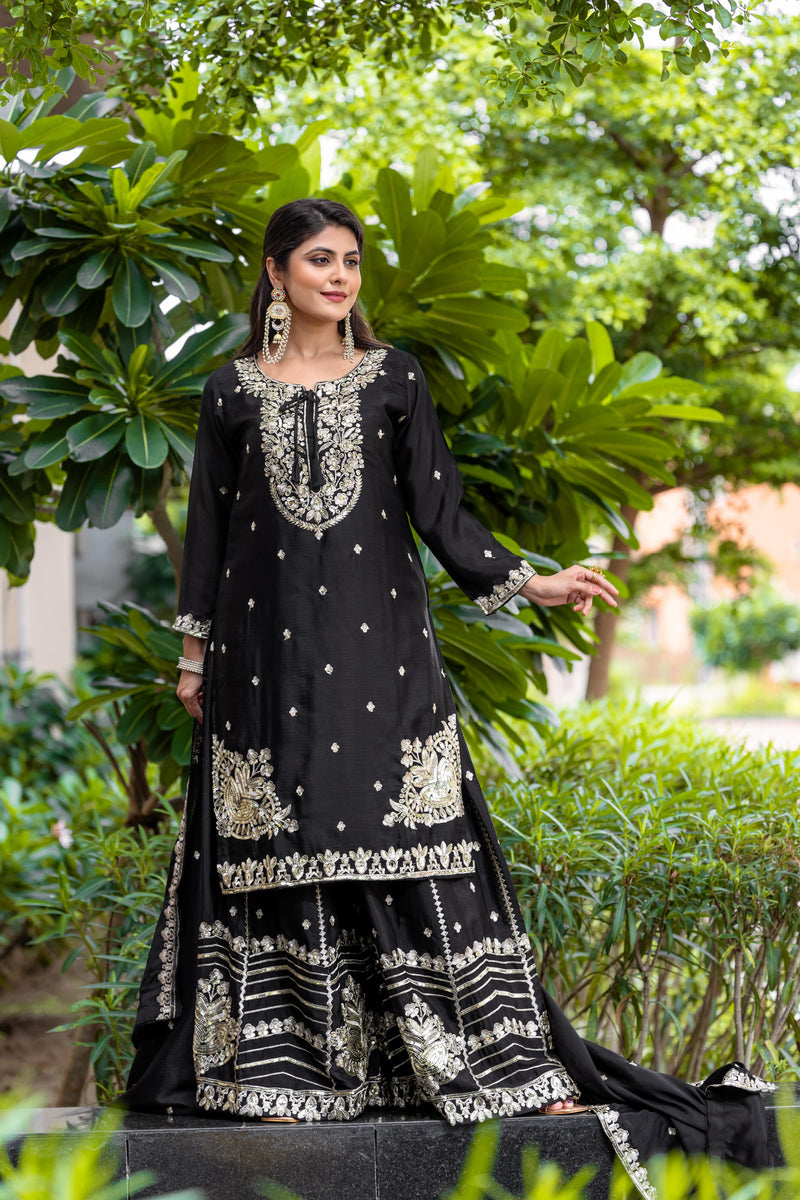 Srk 5169 Black Pure Chinnon With Heavy Embroidery Sequence Worked Pakistani Suits