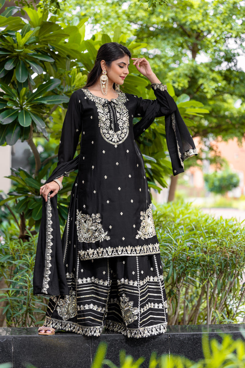 Srk 5169 Black Pure Chinnon With Heavy Embroidery Sequence Worked Pakistani Suits