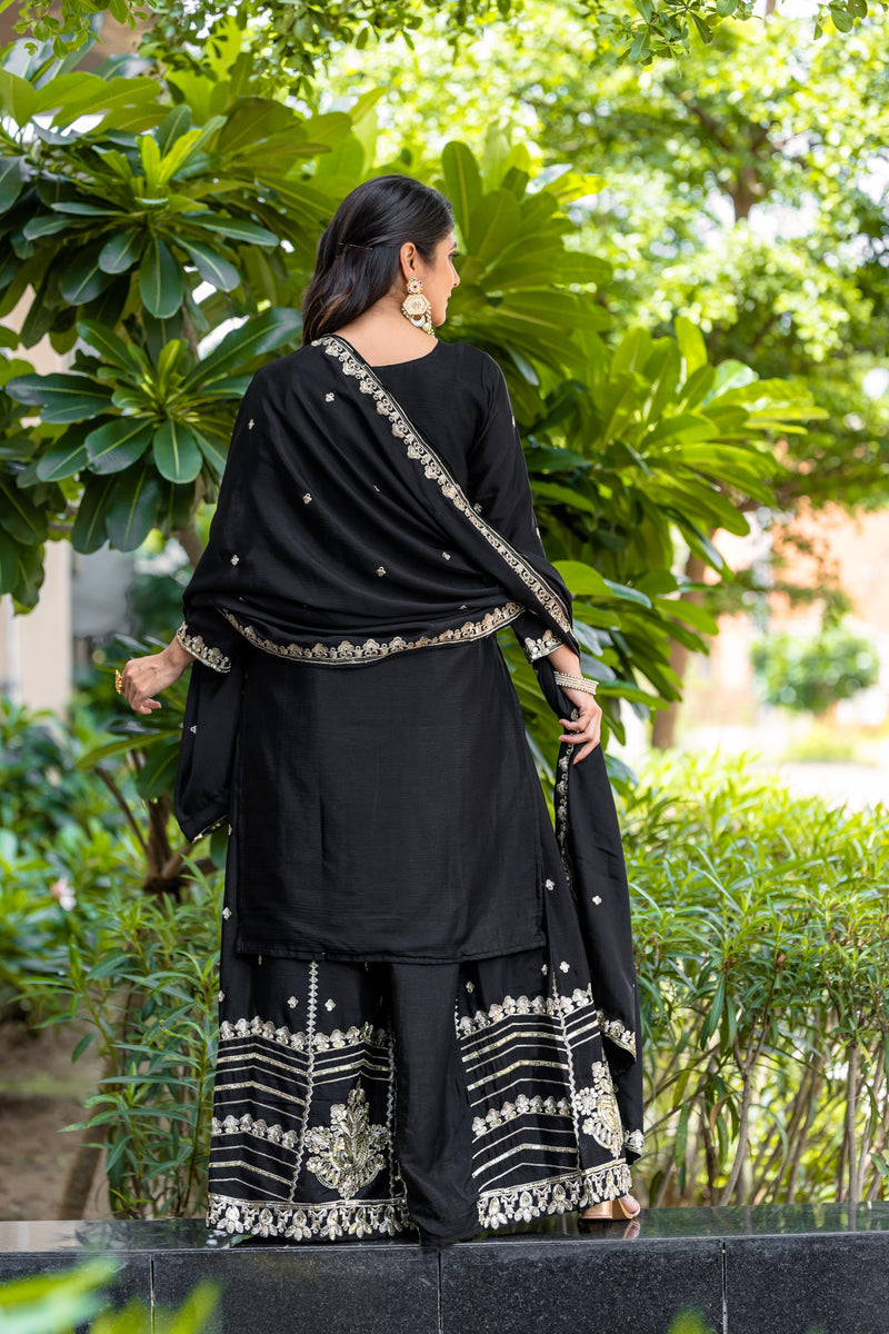 Srk 5169 Black Pure Chinnon With Heavy Embroidery Sequence Worked Pakistani Suits