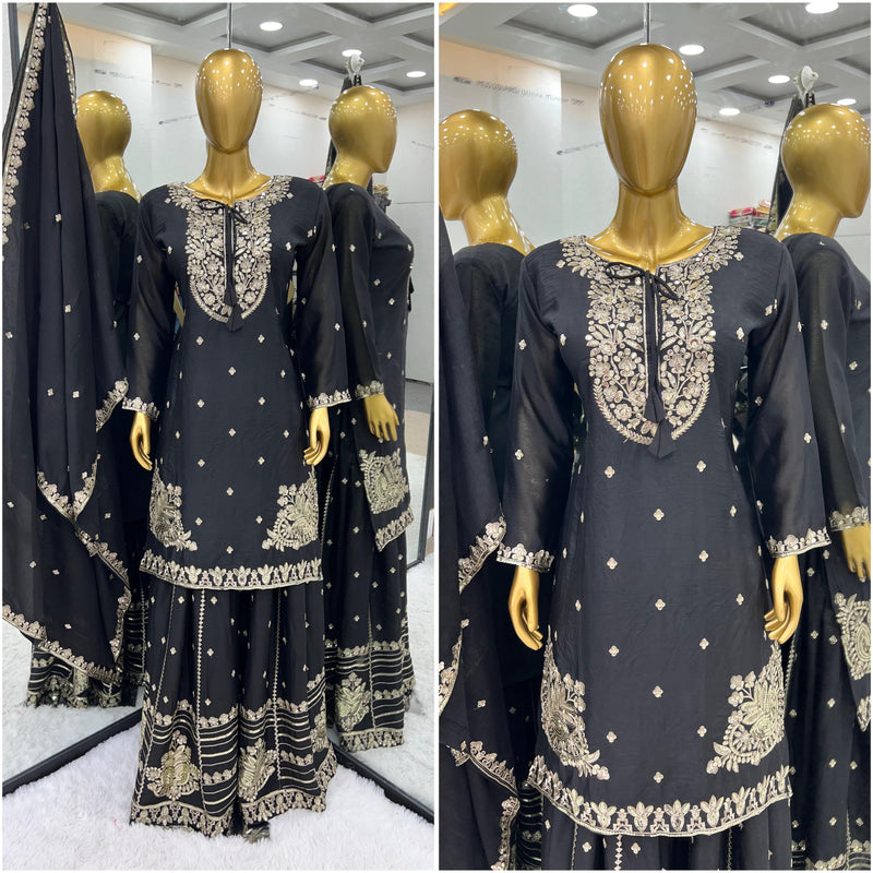 Srk 5169 Black Pure Chinnon With Heavy Embroidery Sequence Worked Pakistani Suits