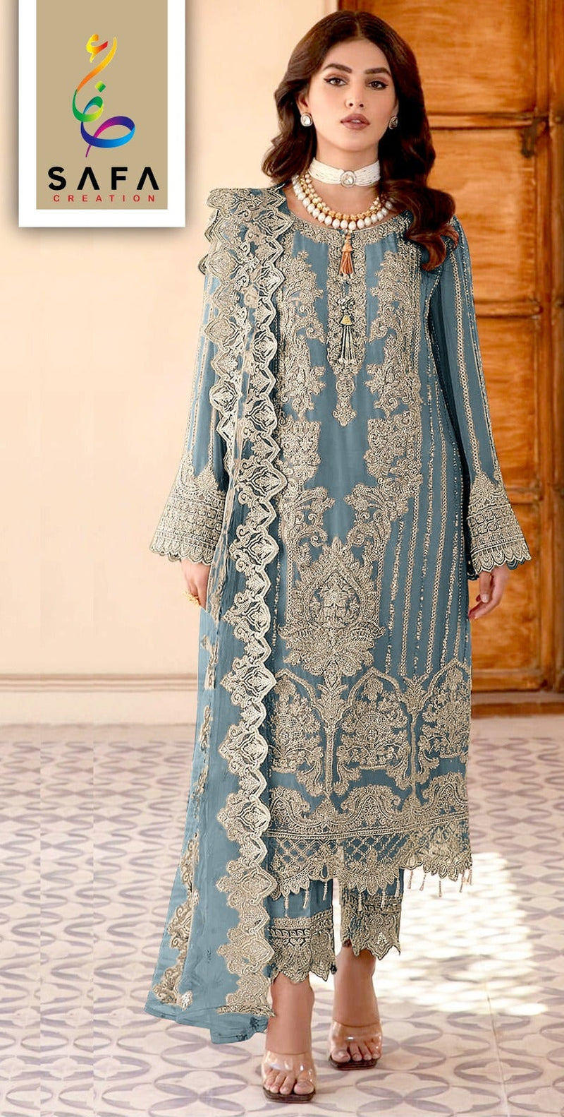 Safa Sf 917 A Premium Shimmer Net With Zarkhan Designer Embroidery And Stitched Latkan  Pakistani Suits