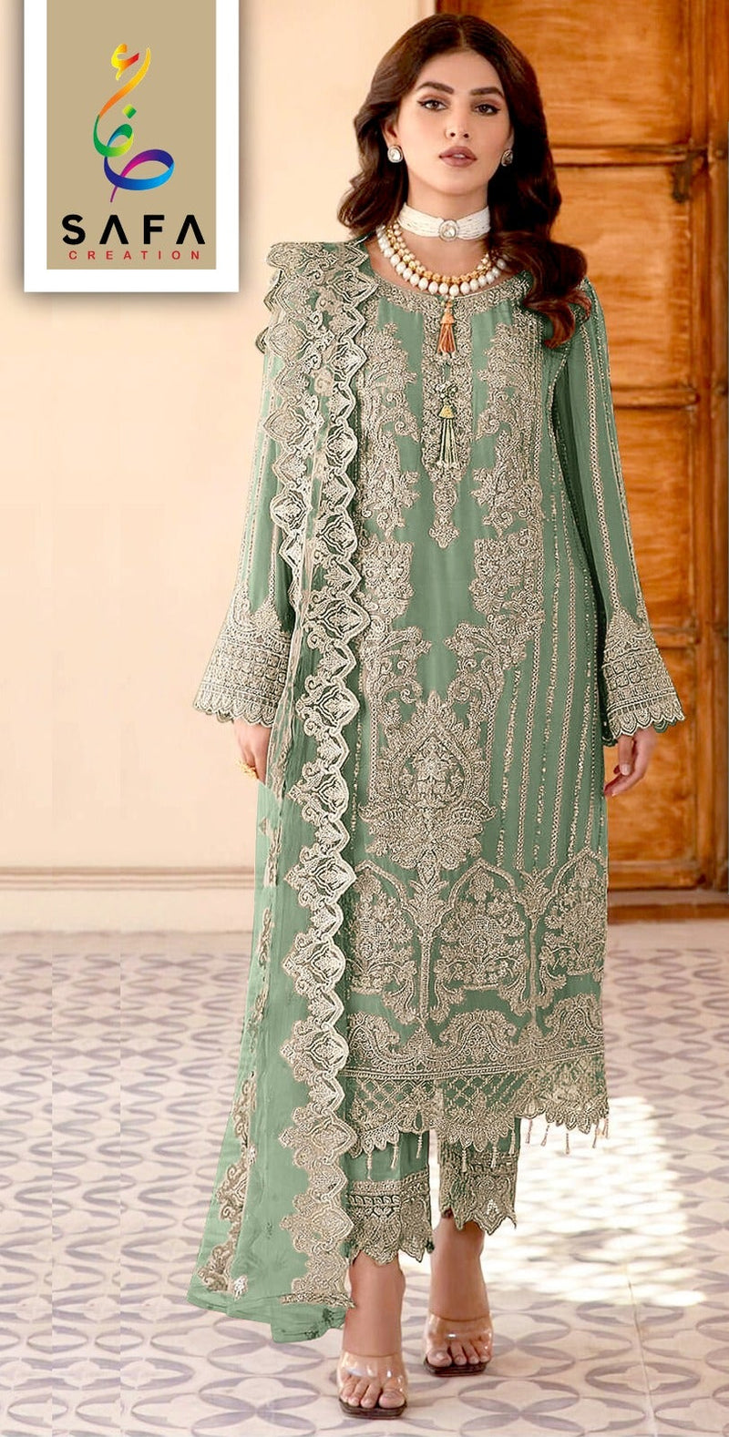 Safa Sf 917 D Premium Shimmer Net With Zarkhan Designer Embroidery And Stitched Latkan  Pakistani Suits