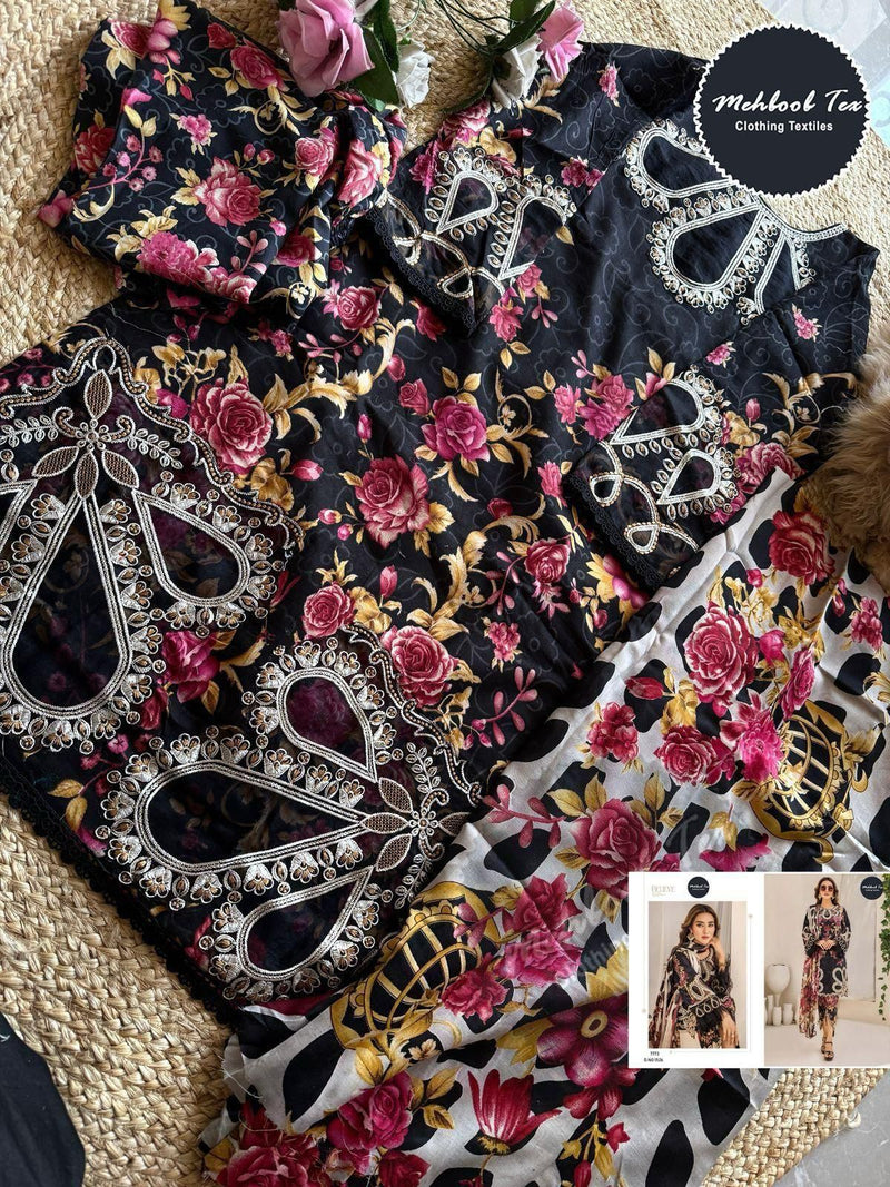 Mehboob Tex 1526 A Pure Cotton Print Embrodairy Self Work6 Patch In Black Desgin Pakistani Suits