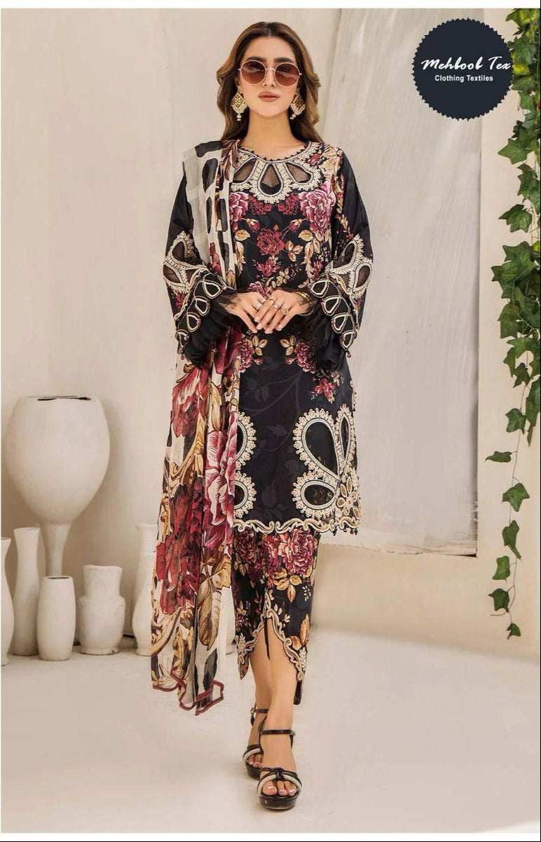 Mehboob Tex 1526 A Pure Cotton Print Embrodairy Self Work6 Patch In Black Desgin Pakistani Suits