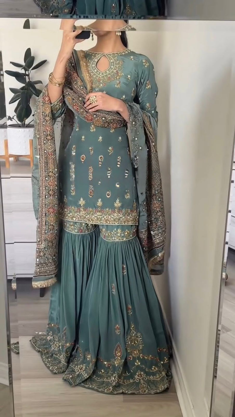 Ssr 504 Designer Party Wear Look Top Plazzo And Dupatta With Heavy Embroidery Work Pakistani Suits