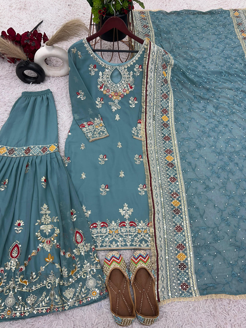 Ssr 504 Designer Party Wear Look Top Plazzo And Dupatta With Heavy Embroidery Work Pakistani Suits