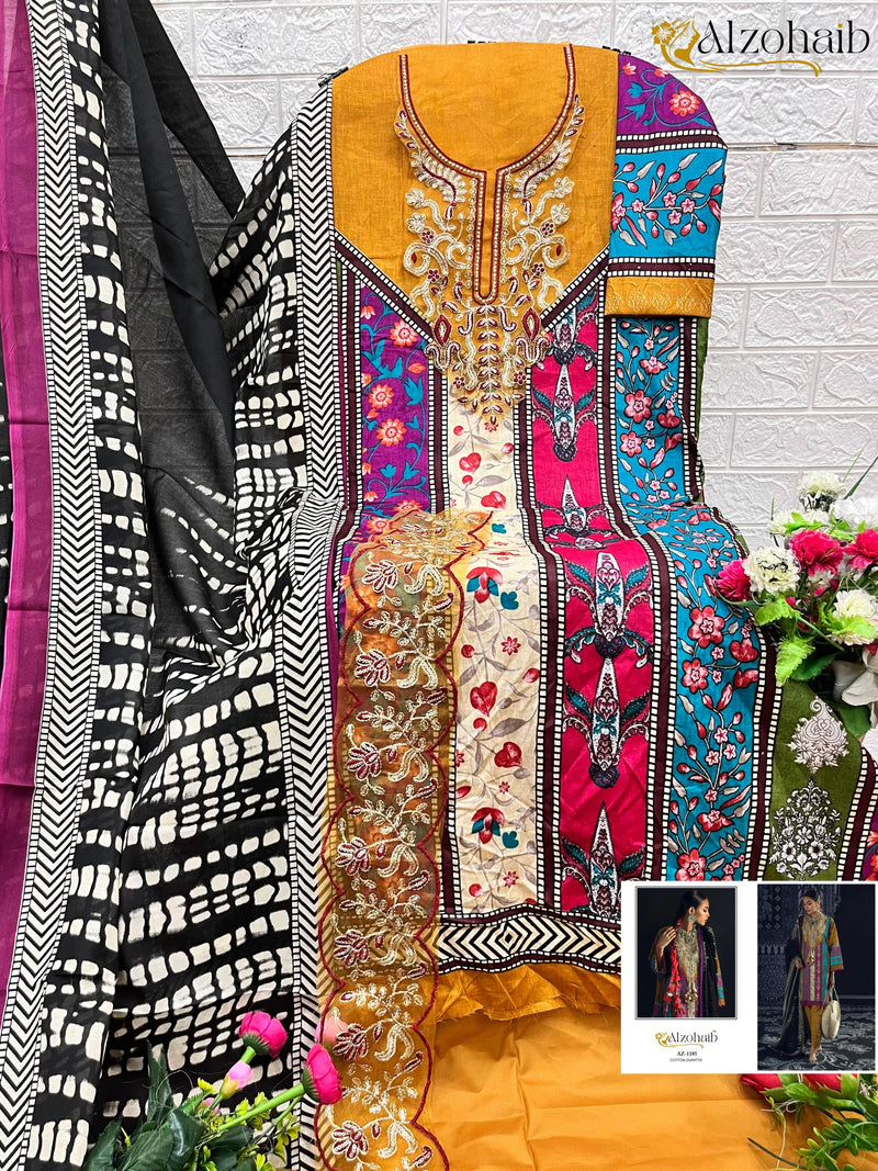 Al Zohaib 1185 Pure Cotton Print With Heavy Embrodairy Patches Worked Pakistani Suits