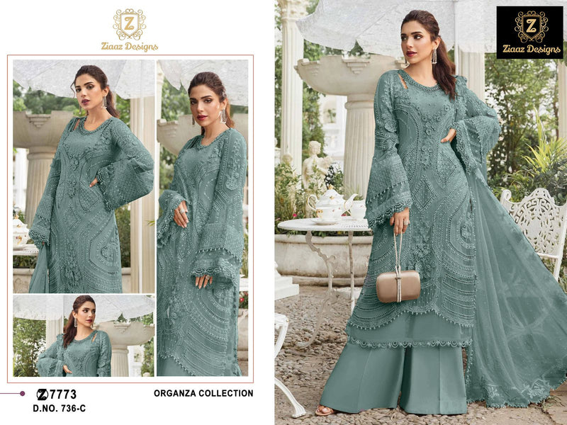 Ziaaz Designs 736 C Organza Handwork Moti Work Semi Stitched Outfit With Moti Lace Pakistani Suits